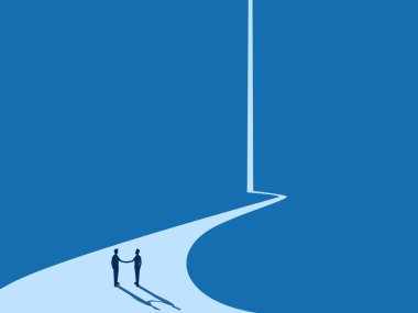 Two businessmen join hands on a path of business growth