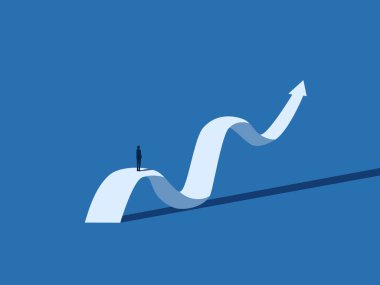 Volatility, development, ambition, businessman stand at the starting point on growth graph