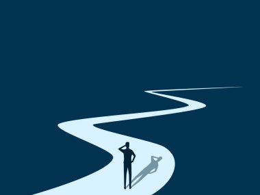 Businessman standing deciding on a long and complicated road