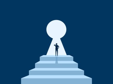 Solve the mystery, Businessman standing on the stairs in front of a key shaped door