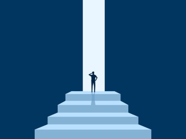 New Path, Businessman Walks Up Stairs Finds Exit Big Door Opportunity