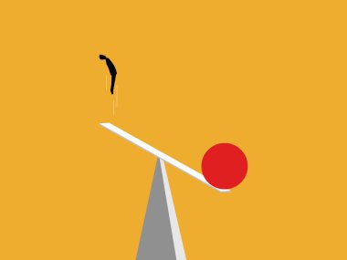 Try to overcome yourself, businessman jumps high with a seesaw 