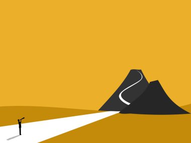 Businessman looking at telescope on the path to the top of the mountain