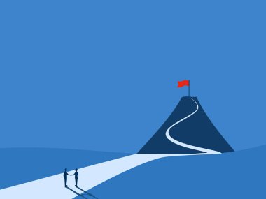 Two businessmen join hands on the road to success, a victory flag on a high mountain