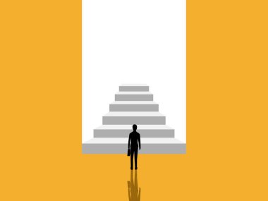 Businessman standing in front of the door of the stairs to future growth