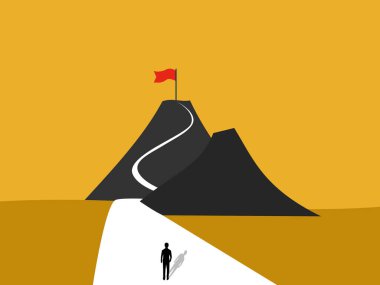 Goal of success, businessman looking at victory flag on top of mountain