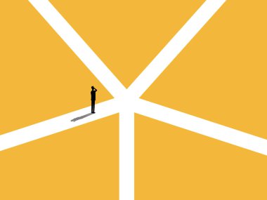Businessman thinking to decide which path to choose