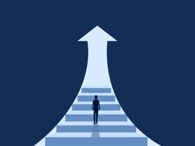 Businessman walks up stairs arrows pointing to growth