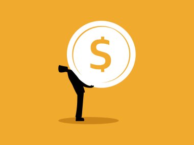 Wealth, Businessman raises large coin. business concept