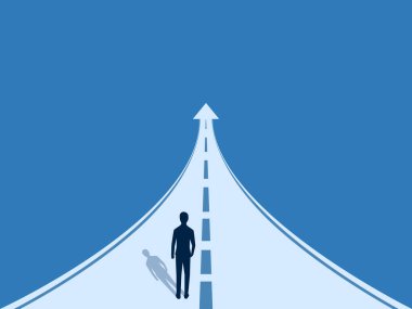 İşadamı yukarı bakan bir okun üzerinde yürüyor.