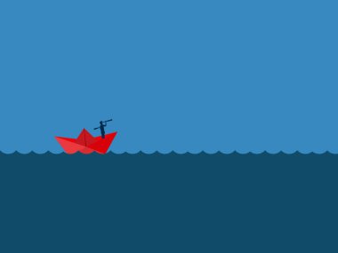 Kâğıt teknede vizyonu olan bir iş adamı denizin derinliklerine bakıyor.