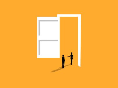 Oryantasyon, iş adamı ofis kapısında yeni çalışanlar tanıtır