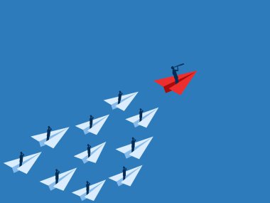 Öngörülü iş adamı takıma liderlik etmek için kırmızı kağıt uçak kullanıyor.