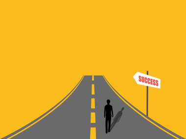 İşadamı başarıya giden yolda işaret direğiyle yürüyor.