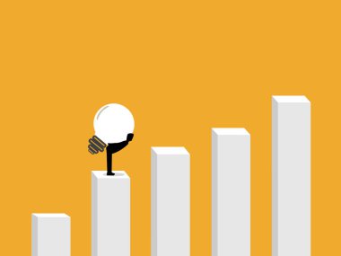 Çaba, bilgi gelişimi, iş adamı ampulü büyüme çubuğu grafiğine taşıyor