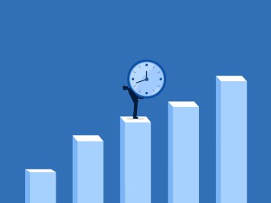 İş adamı büyüme çubuğu grafiğinde saat tutuyor.