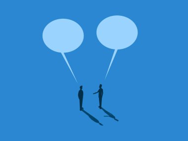 İki iş adamı büyük konuşma baloncuklarıyla pazarlık ediyor.