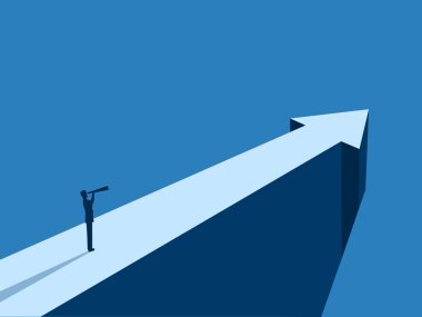 Bir teleskopa bakan bir iş adamı bir okun ucunda geleceği işaret ediyor.