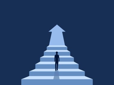 İşadamı merdivenlerden çıkıp geleceği gösteren oklar atıyor.