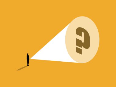 Elinde fener tutan bir iş adamı sorunları çözmek için soru işaretleri arıyor