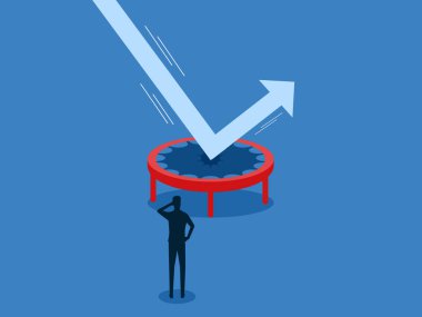 Borsadaki dezavantajları koru, iş adamı yüksek trambolinde zıplayan oka bakıyor.