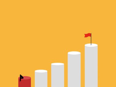 Listenin sonundaki işadamı stresli bir şekilde oturuyor, hedef bayrağa ulaşamıyor