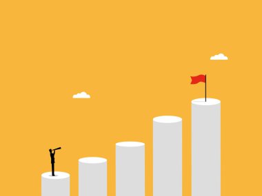 Çubuk grafikte dürbünü tutan işadamı hedef bayrağa bakıyor