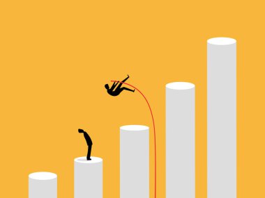 İş adamı büyüme çubuğu grafiğinde rakiplerine karşı avantaj elde etmek için çubukla zıplıyor