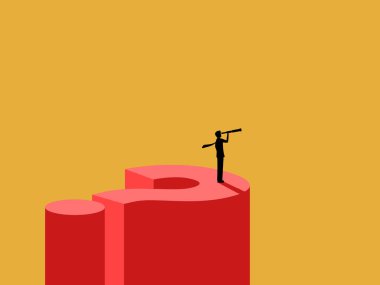 Teleskopu elinde tutan iş adamı soru işaretinin üzerinde duruyor