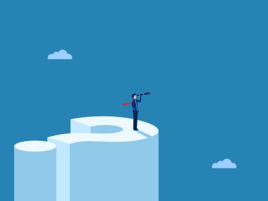 Teleskopu elinde tutan iş adamı soru işaretinin üzerinde duruyor