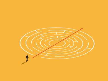 İşadamı, bir labirent bulmacasını çözmek için basit bir yolu gösteren bir ok boyunca yürüyor