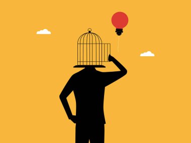 İş adamı hayal gücünü serbest bırakır, kafesinden ampul balonu fırlar.