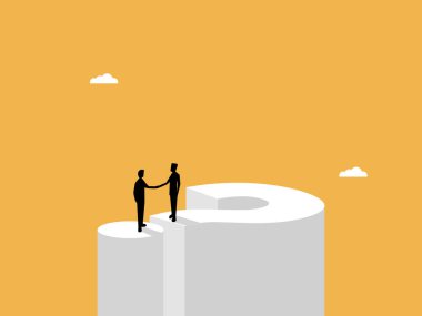 İki işadamı bir soru işaretinin üzerinde el sıkışıyor.