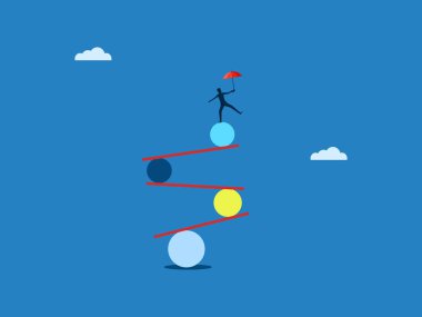 Kontrol, dalgalanma, belirsizlik, iş adamı şemsiyeyle dengede duruyor