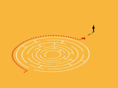 İş adamı bir labirent bulmacasını çözmek için basit bir ok yolunu takip eder