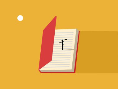 Ders kitaplarının dışında keşif yapan iş adamı teleskopu açık bir kitapla tutuyor.