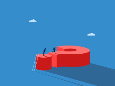 İş adamı rakibinin büyük soru işaretinde engellerin üzerinden atlamasını izliyor