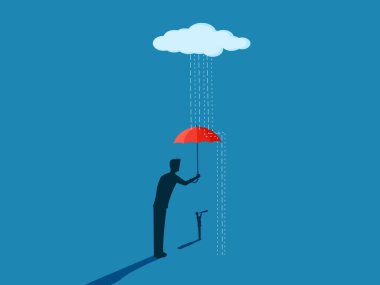 Büyük adam hayalperest bir işadamını yağmurdan korumak için şemsiye tutuyor.