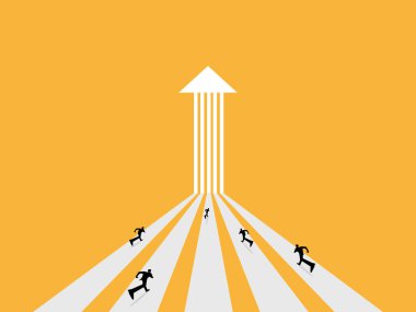 İşadamlarından oluşan bir ekip tek bir hedefi gösteren çok yönlü bir ok üzerinde koşuyor.