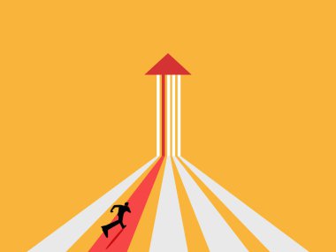 Kararlı işadamı tek bir hedefi gösteren ok yolunda koşar.