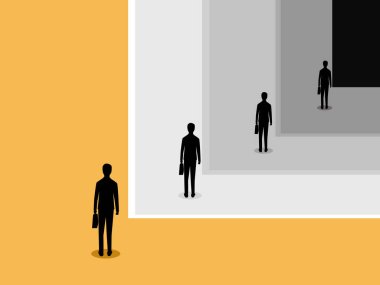 İş adamı aynaya bakar ve kendini düşünür.