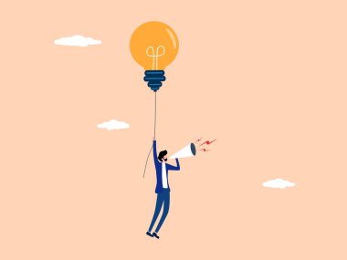 Bilgi yayan genç girişimciler ampullerle uçar ve megafonlarla duyurular yaparlar.