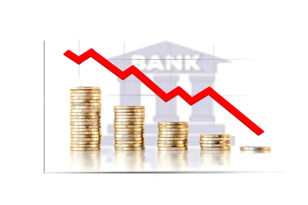 Egy Halom Pénzérme Piros Grafikon Veszteségekkel Banki Ikon Háttérben Bankválság — Stock Fotó
