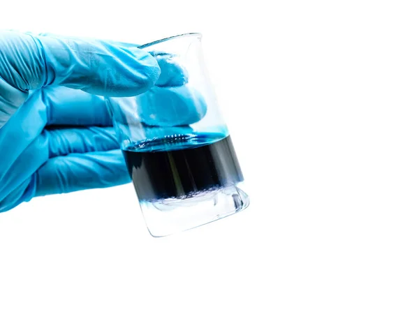 Bekerglas Van Het Laboratorium Analist Hand Plastic Handschoen — Stockfoto