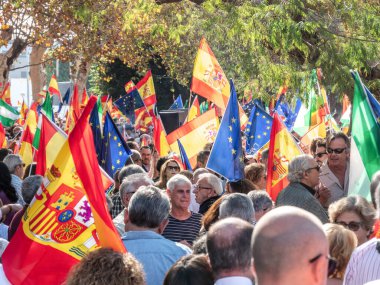 Cadiz, İspanya - 12 Kasım 2023: Devasa bir grup insan hükümete karşı gösteri yaptı