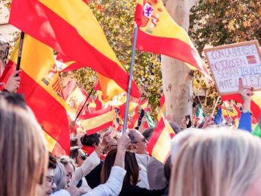 Cadiz, İspanya - 12 Kasım 2023: Devasa bir grup insan hükümete karşı gösteri yaptı