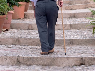 Yürüyen baston kullanan yaşlı bir adam dışarıdaki saksı bitkileri ve kaldırım taşı zeminiyle taş basamaklara tırmanıyor..