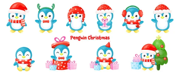 Pinguin Weihnachten Aquarell Clipart Frohe Weihnachten — Stockvektor