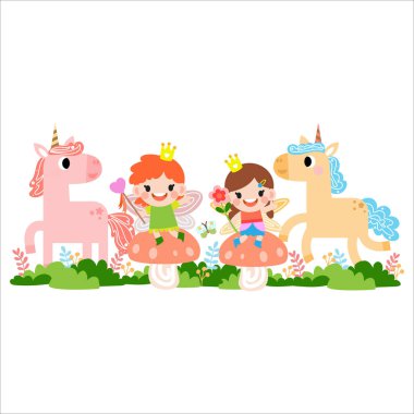 Gökkuşağı, yıldızlar, kalpler, bulutlar, karikatür tarzında tek boynuzlu at çizimi