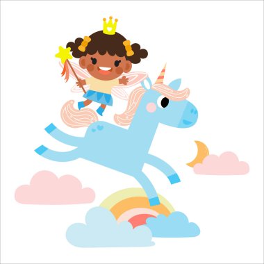 Gökkuşağı, yıldızlar, kalpler, bulutlar, karikatür tarzında tek boynuzlu at çizimi